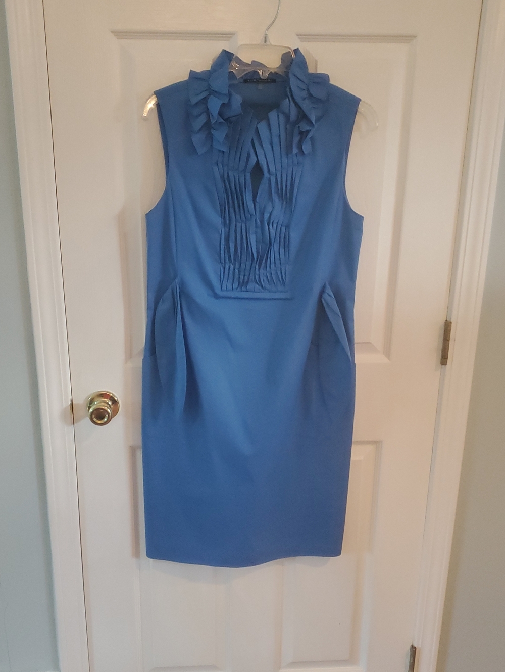 Eli Tahari Sleeveless Ruffled Pleat-Front Sheath Dress - Blue
